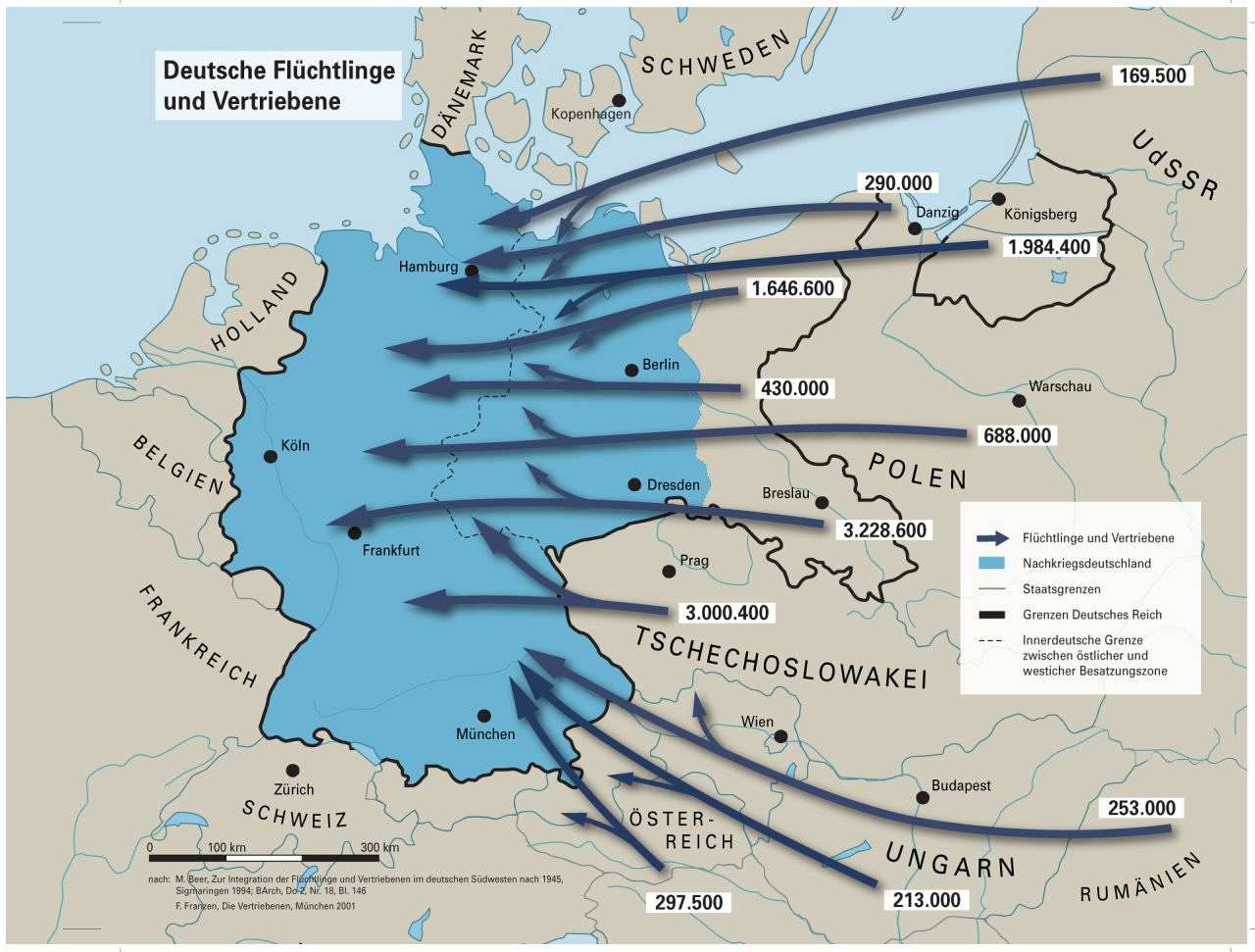 Karte mit Herkunft und Zahl der deutschen Flüchtlinge und Vertriebenen, Stand 1950