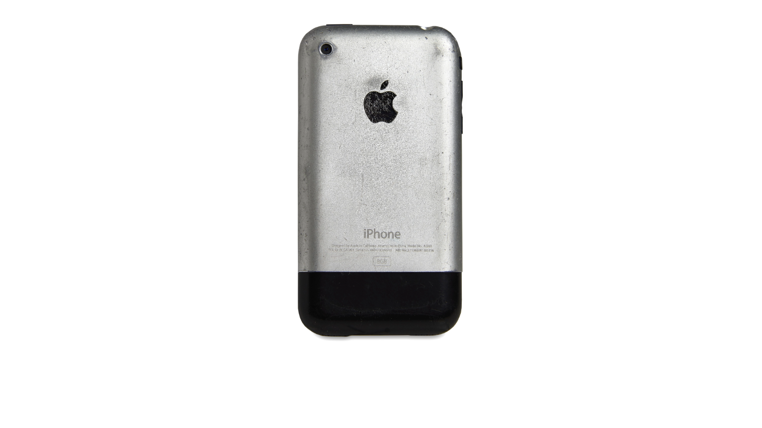 Smartphone back with black and silver device cover and black Apple logo