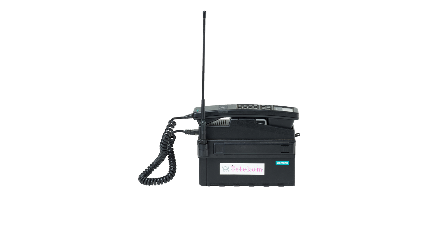 Black handset with buttons and display, box-shaped carrying unit, telephone cable and aerial