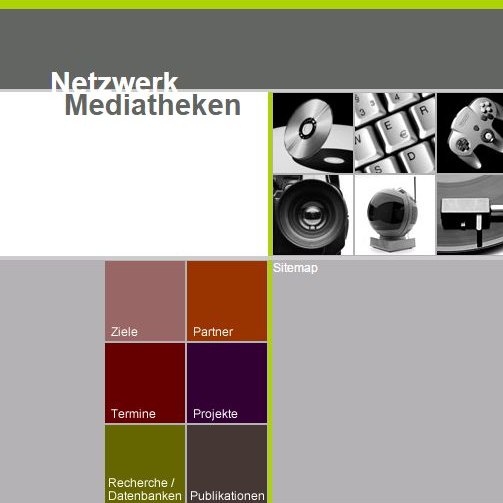 Ein Ausschnitt der Website des Netzwerks Mediatheken mit bunten Kacheln als Menüpunkte und Fotos von Medientechnik