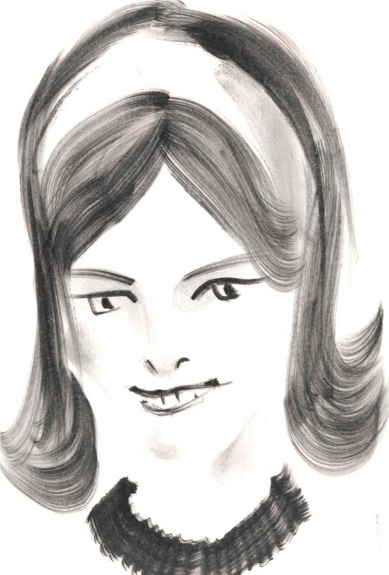 Kohlezeichnung, schwarz-weiß. Gezeichnet ist in abstrakter Form der Kopf einer Frau mit schulterlangen Haaren. Ein Haarreif und der Kragen eines Oberteils sind angedeutet.